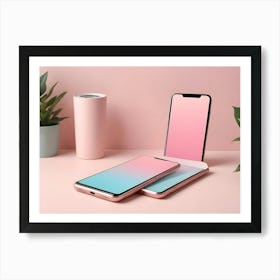 Photo Of Two Smartphones On A Pink Surface With Potted Plants And A Pink Cylinder Art Print