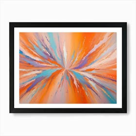 Abstract Image Of A Colorful, Radial Explosion Of Paint Splatters In Shades Of Orange, Blue, Purple, And White Art Print