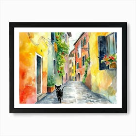 Black Cat In Udine, Italy, Street Art Watercolour Painting 3 Art Print