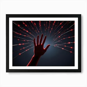 A Red Hand Reaching Up Towards A Glowing, Red, Network Of Lines In A Blue Background Art Print