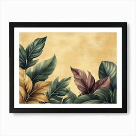 Vintage Tropical Green Brown Leaves, Beige Background, Golden Texture 10 Poster