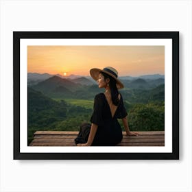 Evening View Of An Asian Woman Perched Solo On A Wooden Terrace Decked In A Summer Hat Her Black At (6) Art Print