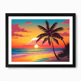 A Tranquil Beach At Sunset Horizontal Illustration 41 Art Print