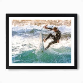 Surfer Fights A Wave At Sunset Oil Painting Landscape Art Print