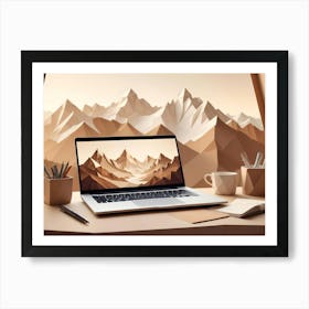 A Laptop With A Low Poly Mountain Scene As A Desktop Wallpaper Art Print