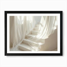 White Linen Draped Over A White Staircase Poster