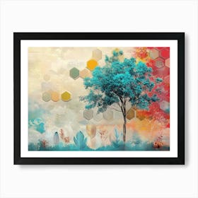 Abstract Scene with A Turquoise Tree Against a Vibrant Hexagon and Feather Backdrop Art Print