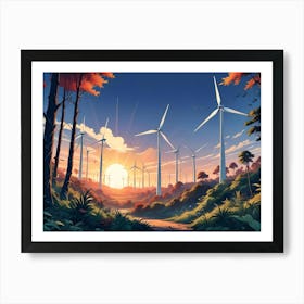 A Path Leads Through A Lush, Green Forest Towards A Group Of Wind Turbines Silhouetted Against A Setting Sun Art Print