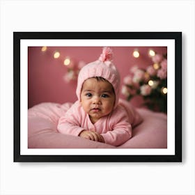 Baby Girl Laying On Pink Blanket Art Print