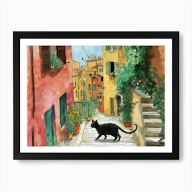 Black Cat In Rome, Italy, Street Art Watercolour Painting 4 Art Print