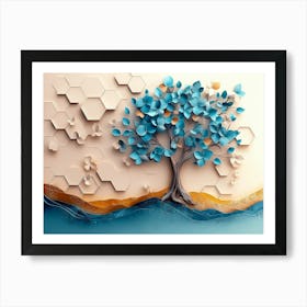 3d Tree Turquoise and Blue Leaves on Colorful Hexagons Art Print