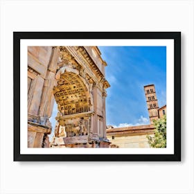 Ancient Roman Ruins. The image depicts the ruins of ancient Roman structures, characterized by tall, weathered columns standing in a grassy archaeological site. The background includes modern buildings and lush vegetation, creating a striking contrast between ancient and contemporary elements. Art Print