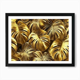 Golden Seamless Pattern with Shiny Monstera, Palm Leaves 1 Art Print