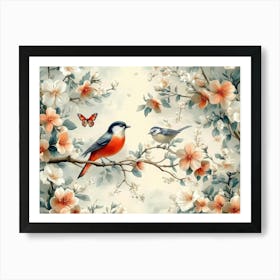 Two Birds Perched On A Branch Art Print