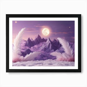 Dreamy 3d Surrealist Art with Soft Lilac Background Elegant Ivory Feathers Celestial Mountains and Luminous Art Print