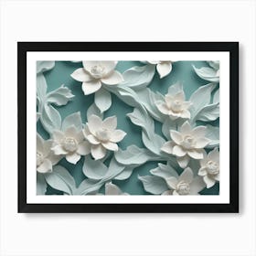 3d Render Of Elegant, White Flowers And Leaves In A Seamless Pattern On A Teal Background, Ideal For A Sophisticated And Stylish Design Art Print