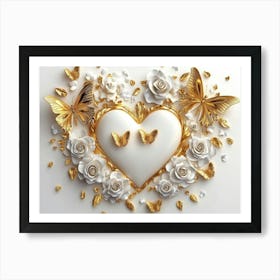 3d White Background and Gold Roses, Butterflies, Heart Shape Art Print