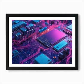 Close Up Of Circuit Board With Glowing Pink And Blue Wires Art Print