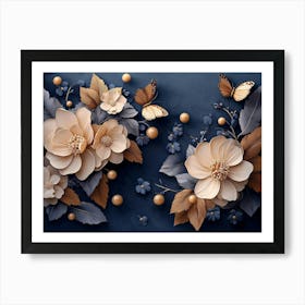 Luxurious Background With Flowers, Leaves And Butterflies 2 Art Print