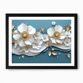 3d White and Blue Background with Golden Jewelry and Flowers 3 Affiche