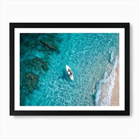 Aerial View Of A Surfer Catching A Turquoise Wave On The Coastline Surrounded By The Pristine Trans 2 Art Print