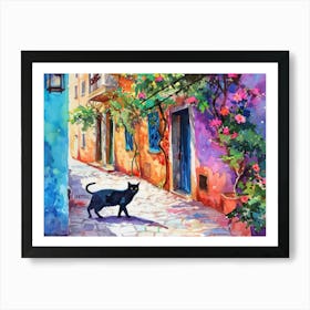 Antalya, Turkey   Black Cat In Street Art Watercolour Painting 4 Art Print