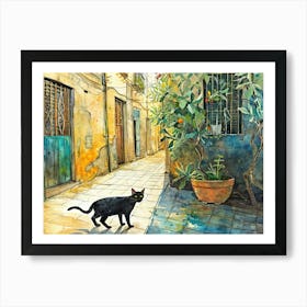 Black Cat In Palermo, Italy, Street Art Watercolour Painting 2 Art Print