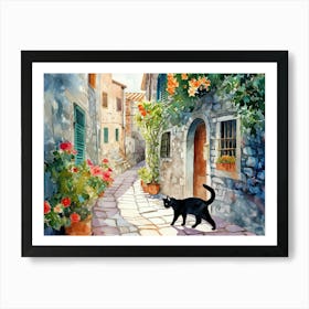 Sibenik, Croatia   Cat In Street Art Watercolour Painting 1 Art Print