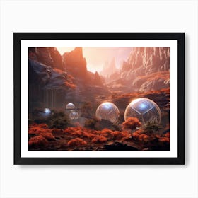 Cluster of dome-shaped habitats nestled amidst the rocky terrain of Mars Art Print