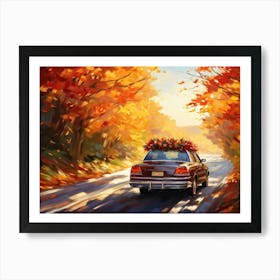 Autumnal Landscape Autumnal Leaves Cascading Down As A Car Adorned With Holiday Wreaths And Ribbon (1) Art Print