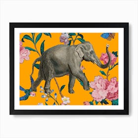 Elephant Floral Twist Vintage Illustration Yellow Art Print