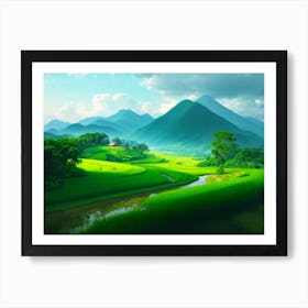 Rice Fields and Mountains: A Celebration of Greenery and Life Art Print