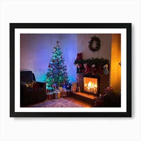 Cozy Christmas Eve Setting Crackling Fireplace Aglow In Living Room Corner Sparkling Tree Adorned Art Print