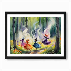 The Witches Dance - Colorful Witchy Art of a Fire Ritual in the Forest, Spooky Beautiful Haunting Wicca Pagan Beltane May Day Fiery Ladies Whimsical Dancing in the Woods, Witchcore Wicca Gallery Smoke Goddess Artwork Cottagecore HD Art Print