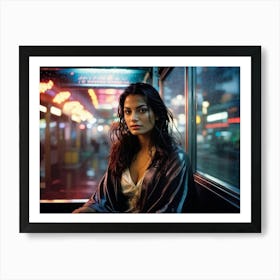 Evening Street Photography Captures A Beautiful Woman Seated In A Bus Shelter Her Expression Pensiv Art Print