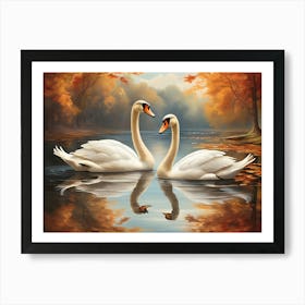 Two Swans In Autumn Paintings Art Print Art Print