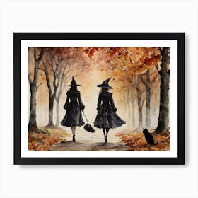 Best Witches on an Autumn Day ~ Witchy Fall Black Cat Spooky Fairytale Watercolour  Art Print