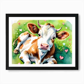 Cow Calf With Hearts Artwork For Kids  Art Print