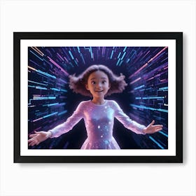 A Young Girl With Curly Hair, Wearing A Shimmering Dress, Stands In A Futuristic Tunnel Filled With Glowing Lines And Digital Data Art Print