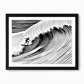 Linocut Black And White Surfer On A Wave art, surfing art, 2 Art Print