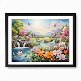 Waterfall With Butterflies And Flowers Affiche