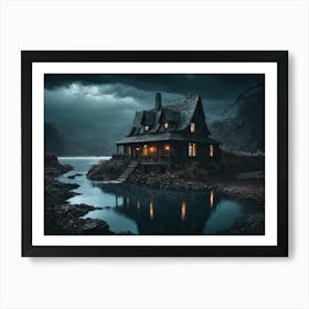 An Old House In The Middle Of A Pond At Night Art Print