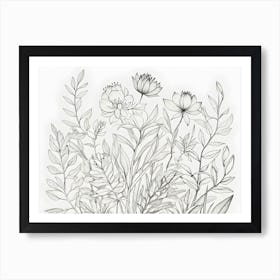 Black And White Drawing Of Flowers Art Print