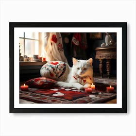 White Cat With Candles Art Print