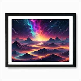 A Vibrant And Otherworldly Landscape With A Glowing River Winding Through Fiery Mountains Under A Colorful Sky With Shooting Stars Art Print