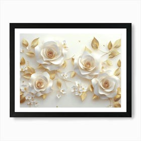 3d White Roses On A White Background, Golden Leaves Elegant Floral Pattern 1 Art Print