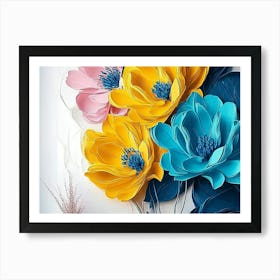 Modern Scene with Spectacular Hyper Realistic Abstract of Spring Flowers, Yellow, Blue, Teal & Pink Art Print