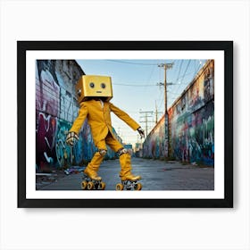 Frightened Robot Balancing On Roller Skates Head Resembling A Gold Aluminum Can Expressive Eyes Wi Art Print