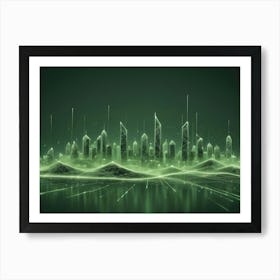 Abstract Image Of A Glowing Green City Skyline, Composed Of Lines And Dots, Resembling A Network Or A Digital City Art Print