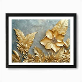 Gold Floral Plants and Palm Leaves, 3d Abstract Tropical Leaves Art Print